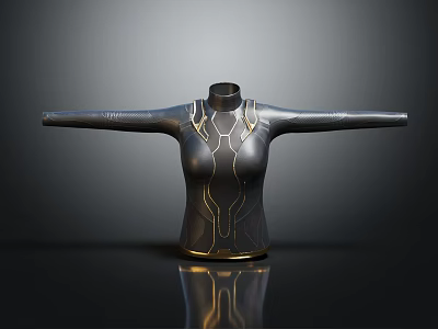 Women's Black Tight Top With Golden Lines Design And High Neck Long Sleeves 3d model