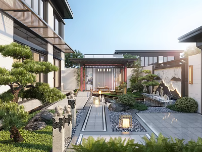 Chinese Courtyard Garden Design Featuring Traditional Architecture Stone Path And Pine Trees 3d model