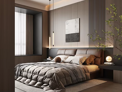 Modern Bedroom Interior With Wooden Walls Headboard Pendant Lights Decorative Art And Green Plant 3d model