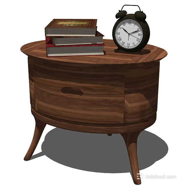 Wooden Nightstand With Curved Drawer And Stacked Books With Round Clock On Top 3d model 