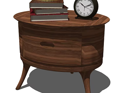 Wooden Nightstand With Curved Drawer And Stacked Books With Round Clock On Top 3d model