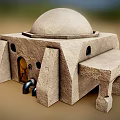 Whimsical Cartoon Stone Building Scene With Dome Square Structure Bench Door And Windows