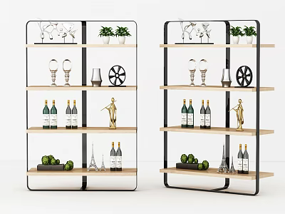 Modern Wine Cabinet With Shelves Featuring Wine Bottles Glasses Decorative Items And Plants 3d model