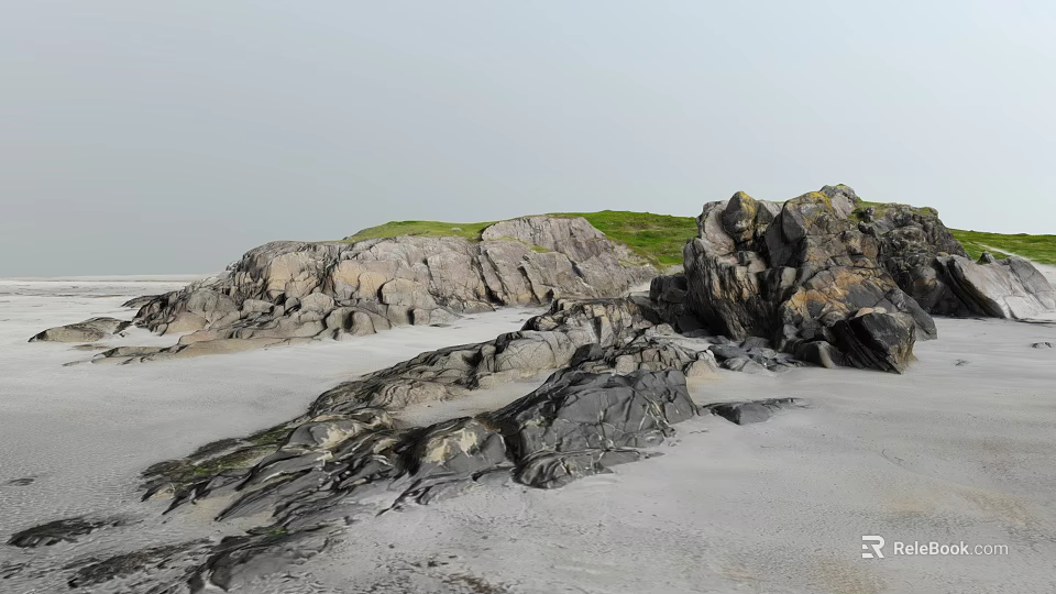 Scenic Beach Landscape With Gray Sand Rocky Outcrops And Green Grass Hills 3d model 