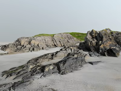 Scenic Beach Landscape With Gray Sand Rocky Outcrops And Green Grass Hills 3d model