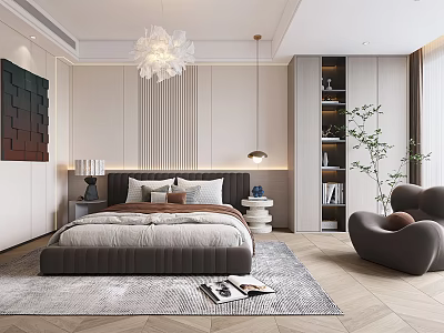 Elegant Modern Bedroom Interior With Bed Rug Armchair Bookshelf Chandelier And Artwork 3d model