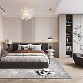 Elegant Modern Bedroom Interior With Bed Rug Armchair Bookshelf Chandelier And Artwork