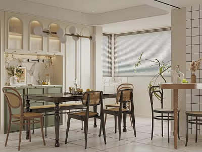 Modern Restaurant Interior With Dining Table Chairs Green Cabinets And Decorative Plants 3d model