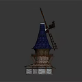Cartoon Style Windmill Building With Blue Roof Wooden Blades And Stone Base