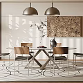 Modern Restaurant Interior Featuring Dining Table Chairs Pendant Lights Plant And Carpet