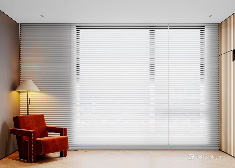 Modern White Window Blinds In Living Room Interior With Red Chair And Floor Lamp 3d model 