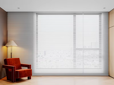 Modern White Window Blinds In Living Room Interior With Red Chair And Floor Lamp 3d model