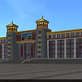 Traditional Building Exterior With Golden Roof Decorations Red Window Frames Gray Walls and Central Mural