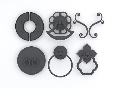 Set of Black Decorative Door Handles With Various Intricate Designs 3d model