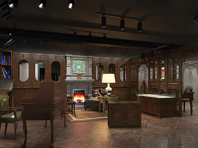 Vintage Clothing Store Interior With Wooden Furniture Fireplace And Piano 3d model