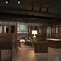 Vintage Clothing Store Interior With Wooden Furniture Fireplace And Piano