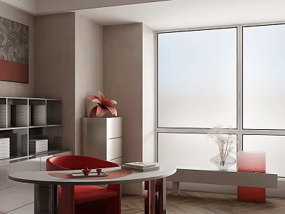 Modern Study Room Interior With Round Desk Red Chair Bookshelf And Large Window 3d model