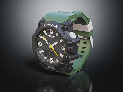 G Shock Sport Watch With Green Silicone Strap Black Dial Shock Resistant Fashion Accessory 3d model