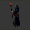 Old Man in Blue Robe with Gray Beard Holding Red Flame Staff and Brown Belt