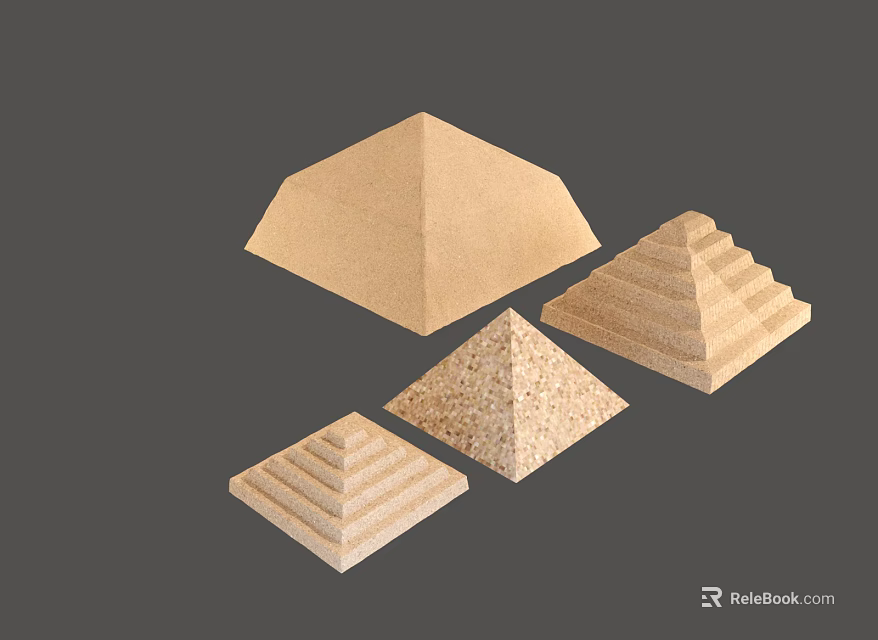 Cartoon Scene Featuring Multiple Sand Textured Pyramid Models In Various Sizes And Shapes 3d model