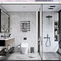 Modern Bathroom Interior With Marble Walls Toilet Vanity Shower And City View Window