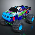 Colorful Monster Truck With Large Blue Tires And Detailed Green Body Design