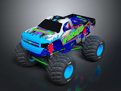 Colorful Monster Truck With Large Blue Tires And Detailed Green Body Design 3d model