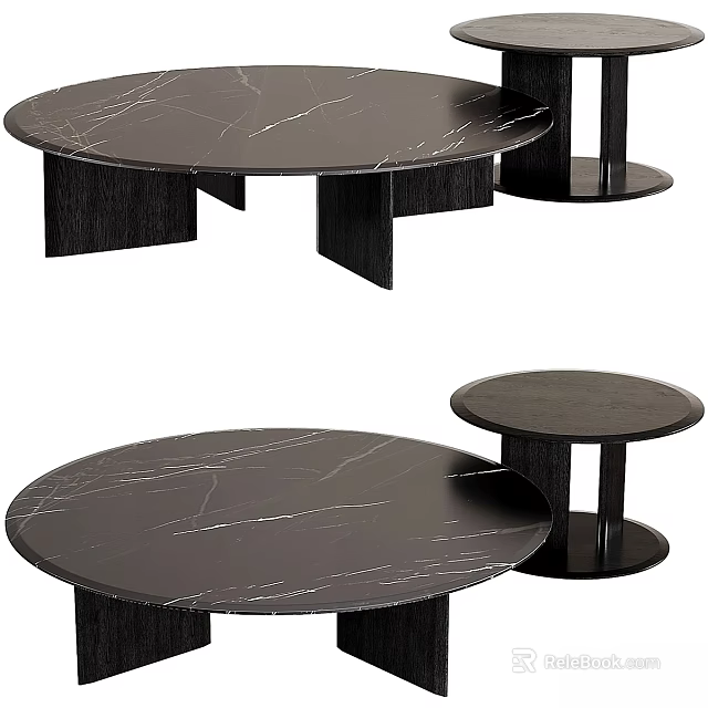 Round Black Marble Dining Table With Geometric Black Legs And Matching Small Side Table 3d model 
