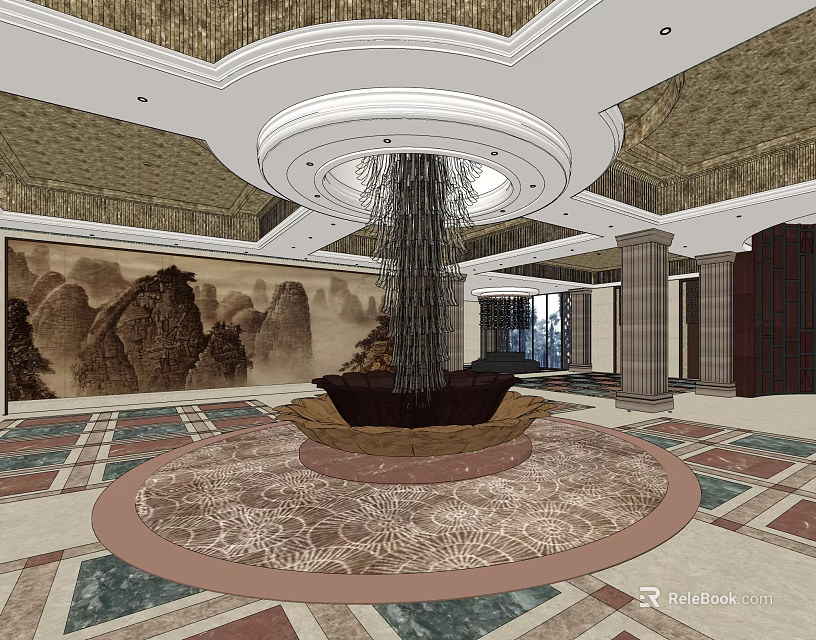Hotel Lobby Elegant Interior With Circular Ceiling Mountain Mural Central Seating And Patterned Floor 3d model