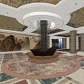 Hotel Lobby Elegant Interior With Circular Ceiling Mountain Mural Central Seating And Patterned Floor 3d model