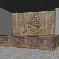 Vintage Wooden Bar Counter With Decorative Gear Panel And Carved Details