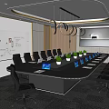 Elegant Modern Conference Room Interior With Long Table Ergonomic Chairs Projector Screen And Potted Plant