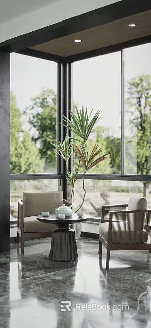 Casual Sofa Set With Tea Set And Plants By Window 3d model