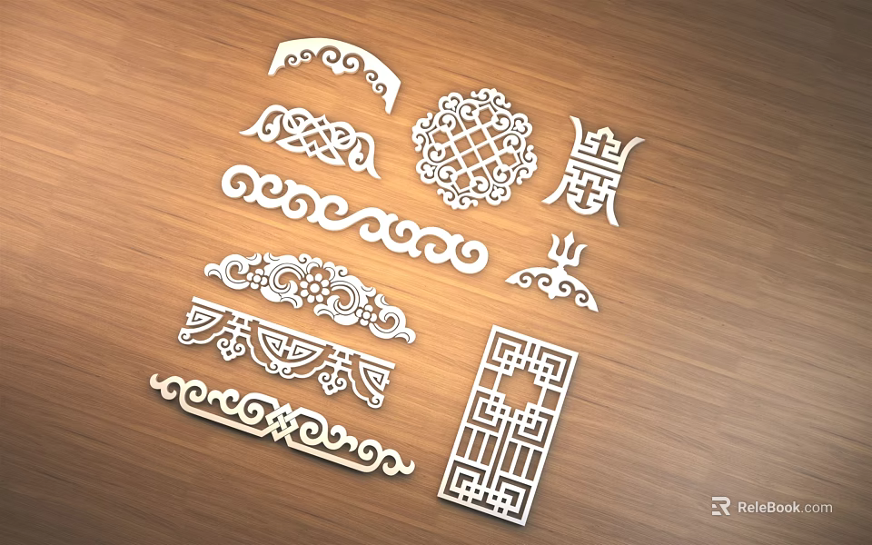 Ornate Wooden Decorative Carvings With Various Traditional Patterns And Shapes On Table 3d model 