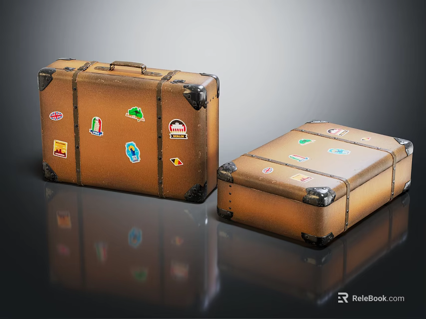 Two Vintage Brown Suitcases With Colorful Travel Stickers And Metal Corners 3d model 