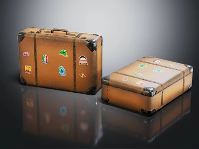 Two Vintage Brown Suitcases With Colorful Travel Stickers And Metal Corners 3d model