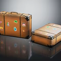 Two Vintage Brown Suitcases With Colorful Travel Stickers And Metal Corners