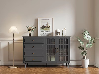 Dark Gray Sideboard with Drawers Glass Doors Decorative Painting Vase Flowers Candle and Green Plant 3d model