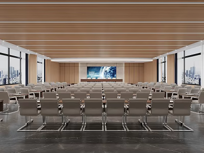 Spacious Conference Room Interior With Wooden Ceiling Large Screen Arranged Seats And City View 3d model