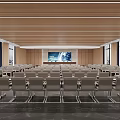 Spacious Conference Room Interior With Wooden Ceiling Large Screen Arranged Seats And City View