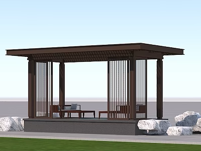 Modern Pergola With Wooden Columns Open Structure And Seating Area On Grass 3d model
