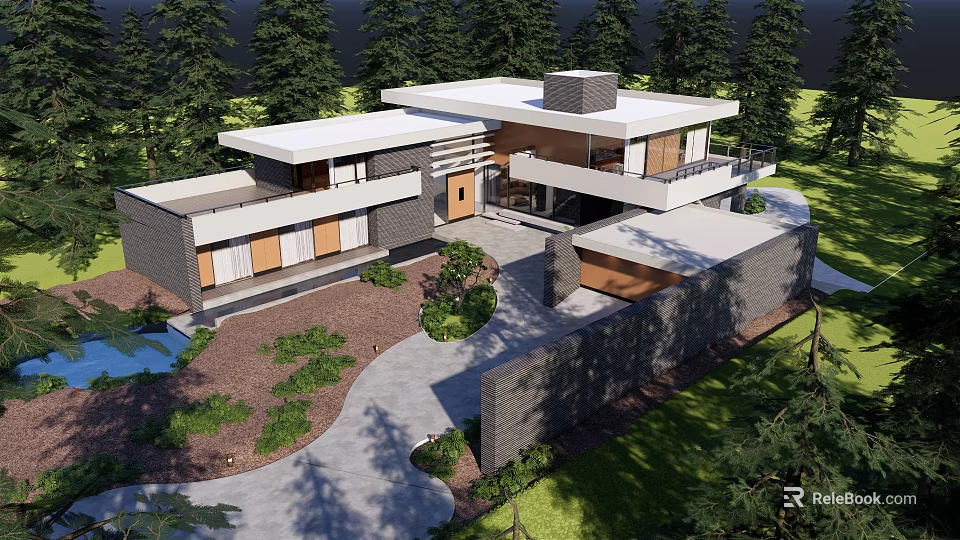 Modern House Park Landscape With Trees Lawn Stone Pathway Small Pond And Greenery 3d model 