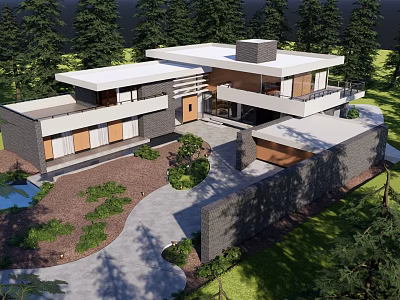 Modern House Park Landscape With Trees Lawn Stone Pathway Small Pond And Greenery 3d model