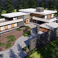 Modern House Park Landscape With Trees Lawn Stone Pathway Small Pond And Greenery