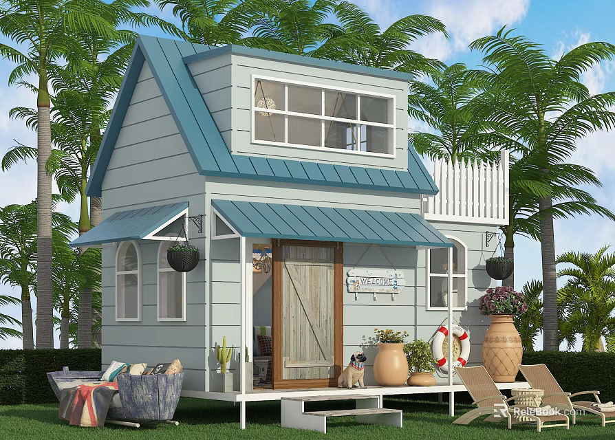 Cozy Blue And White Cottage With Palm Trees Lawn Outdoor Seating And Porch 3d model 