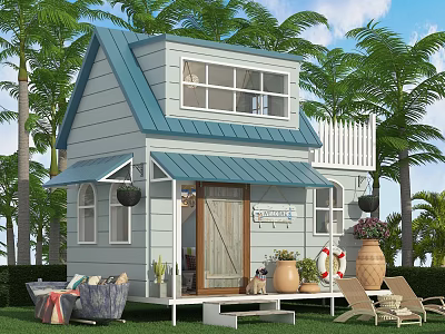 Cozy Blue And White Cottage With Palm Trees Lawn Outdoor Seating And Porch 3d model