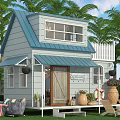 Cozy Blue And White Cottage With Palm Trees Lawn Outdoor Seating And Porch