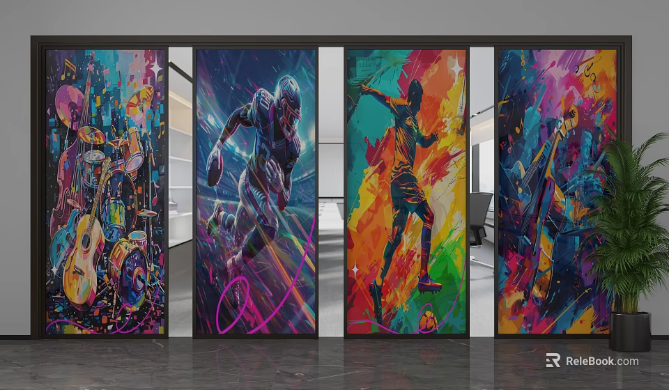 Colorful Graffiti Art Room Divider With Dynamic Human Figures On Vibrant Panels 3d model 