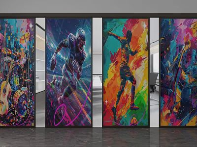 Colorful Graffiti Art Room Divider With Dynamic Human Figures On Vibrant Panels 3d model