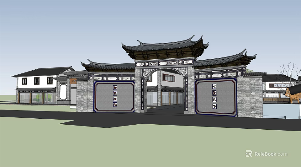 Ancient Chinese Architecture Gateway Featuring Overhanging Eaves Stone Walls And Arched Doorway 3d model 